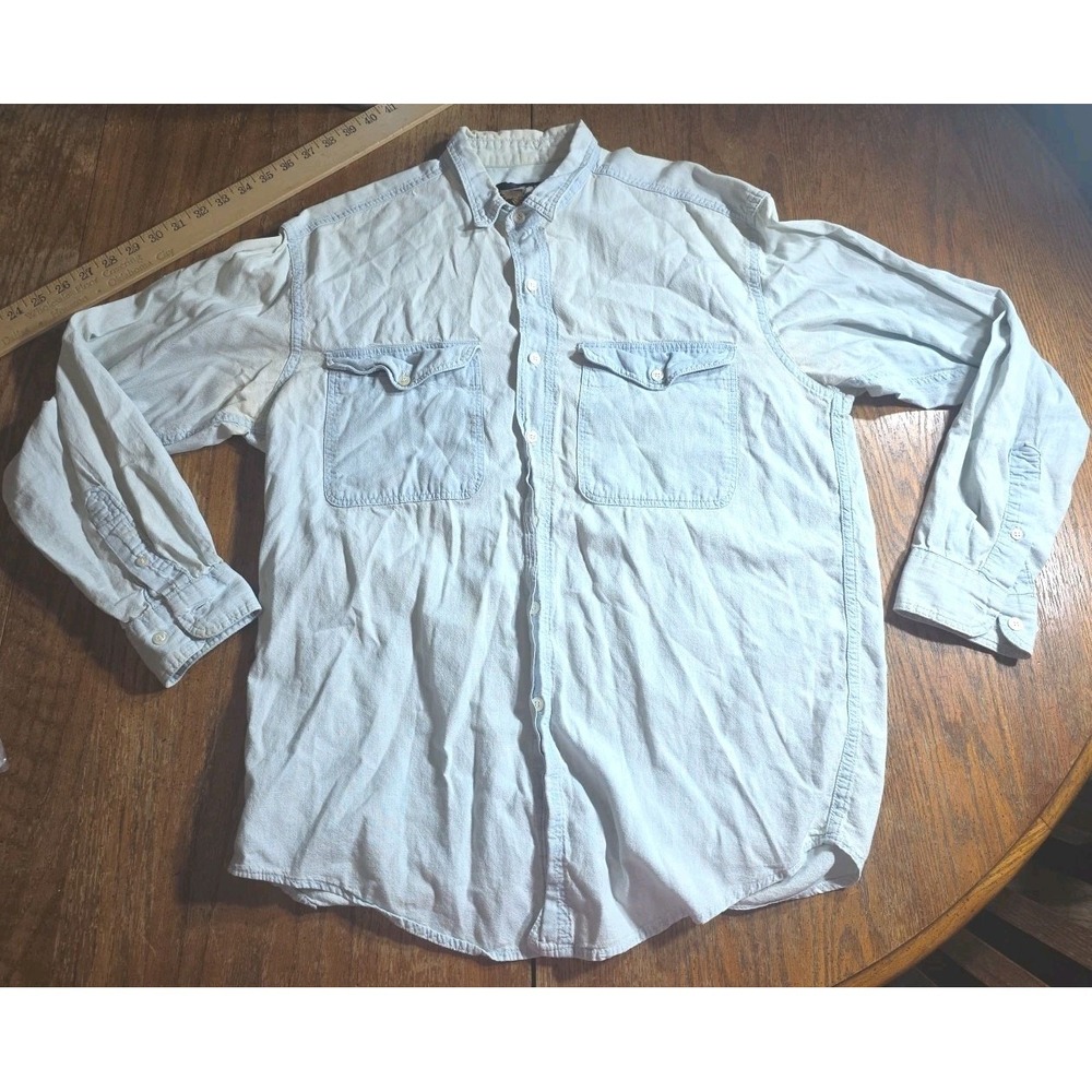 Vintage Harley-Davidson Shirt Mens L Blue Denim Button Down Print Faded Biker